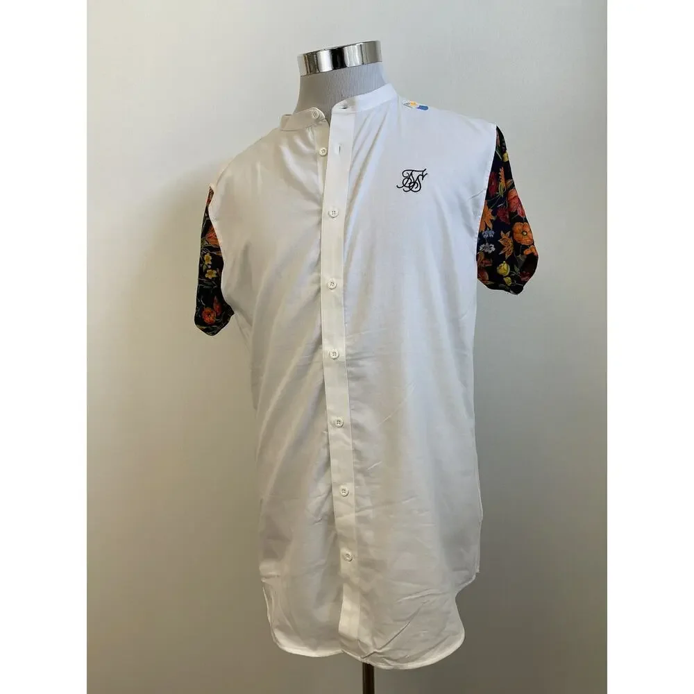 SikSilk Shirt Mens Medium Button Up White Floral Sik Silk Short Sleeve N29